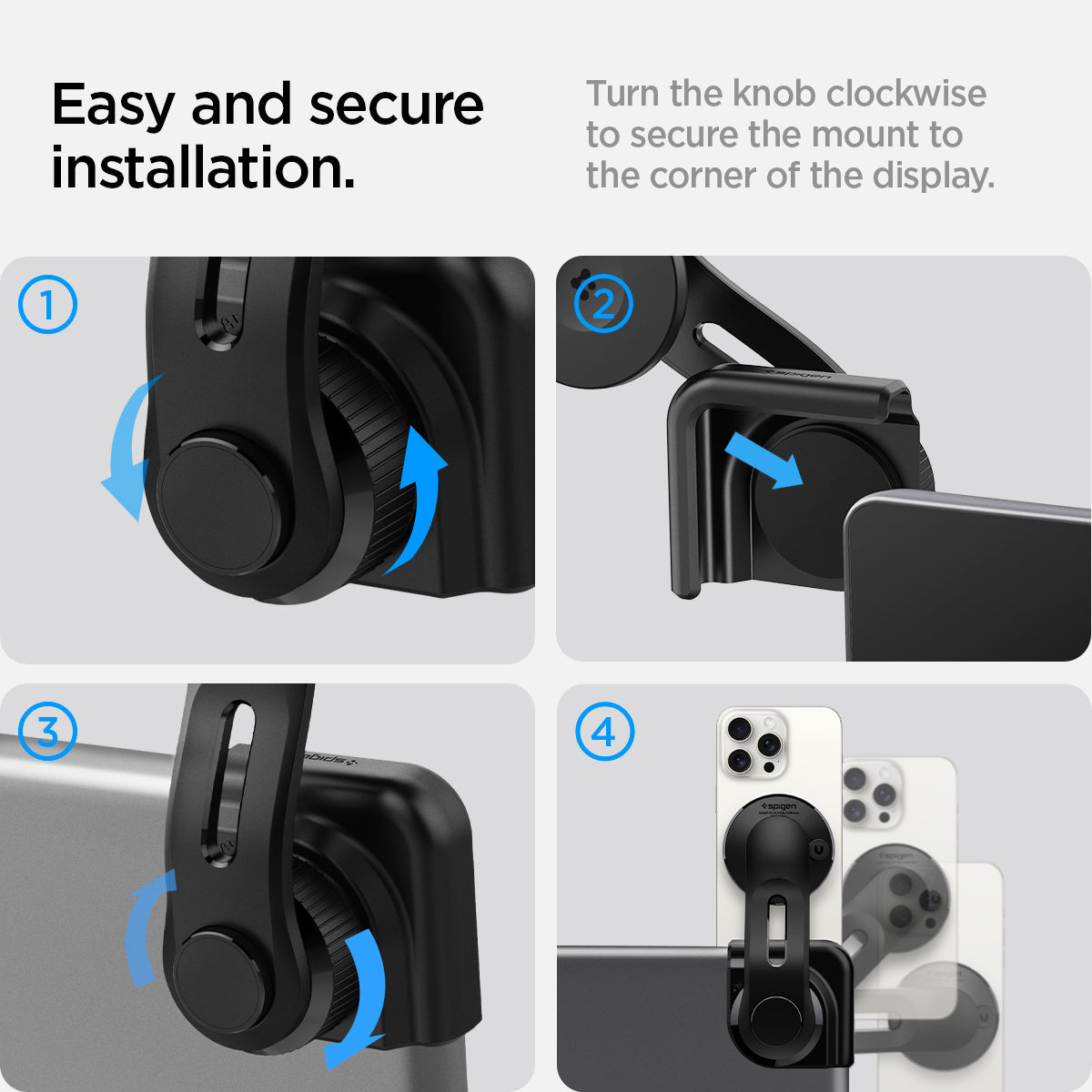 ACP07869 - Tesla Models OneTap Screen Car Mount ITLST90 (MagFit) has easy and secure installation. turn the knob clockwise to secure the mount to the corner of the display.