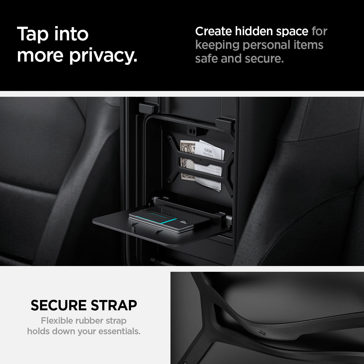 ACP09216 - Jeep Series - Center Console Hidden Storage Box | JO221 tap into more privacy create hidden space for keeping personal items safe and secure. secure strap. flexible rubber strap holds down your essentials.