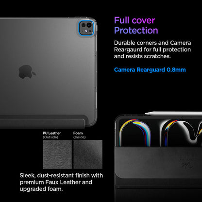 ACS09439 - iPad Pro 13-inch (2024) Case Liquid Air Folio in Black showing the full cover protection. Durable corners and camera rearguard for full protection and resists scratches. Camera Rearguard 0.8mm. Sleek, dust-resistant finish with premium Faux Leather and upgraded foam