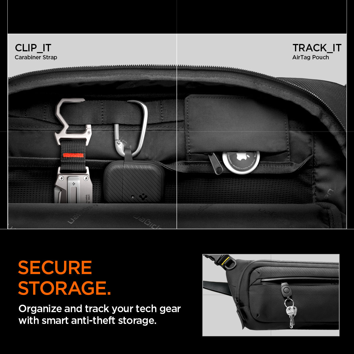 AFA07482 - Sling Bag KD410 in Black showing the secure storage features