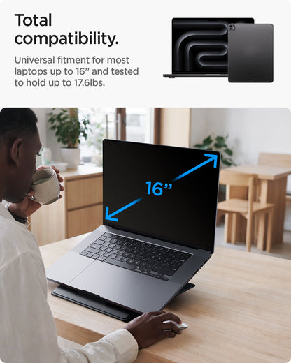 AMP11119 - Slim Fold Laptop Stand | LD201-S10 Black showing total compatibility. universal fitment for most laptops up yo 16 inch and tested to hold up to 17.6 pounds