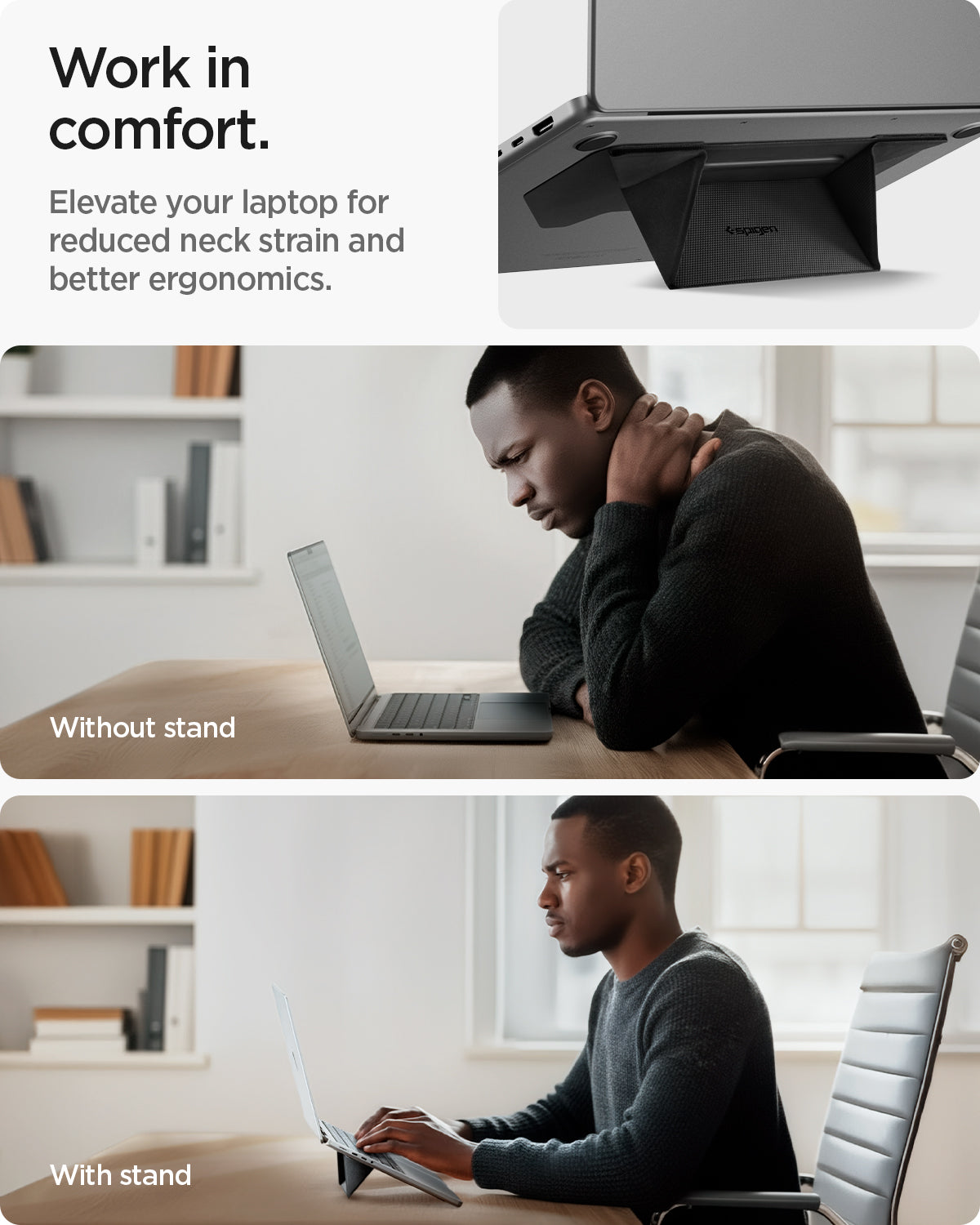 AMP10403 - Slim Fold Laptop Stand | LD201-S3 showing work in comfort and reduce neck strain