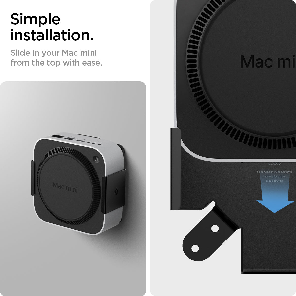 AMP09226 - Mac Mini M4 Mount LD205 in Charcoal Gray showing the simple installation. Slide in your Mac mini from the top with ease