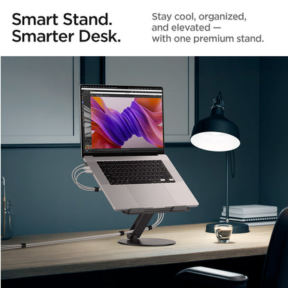 AMP09303 - Laptop Stand | LD206C in Space Gray showing the smart stand. Smarter desk. Stay cool, organized, and elevated with one premium stand