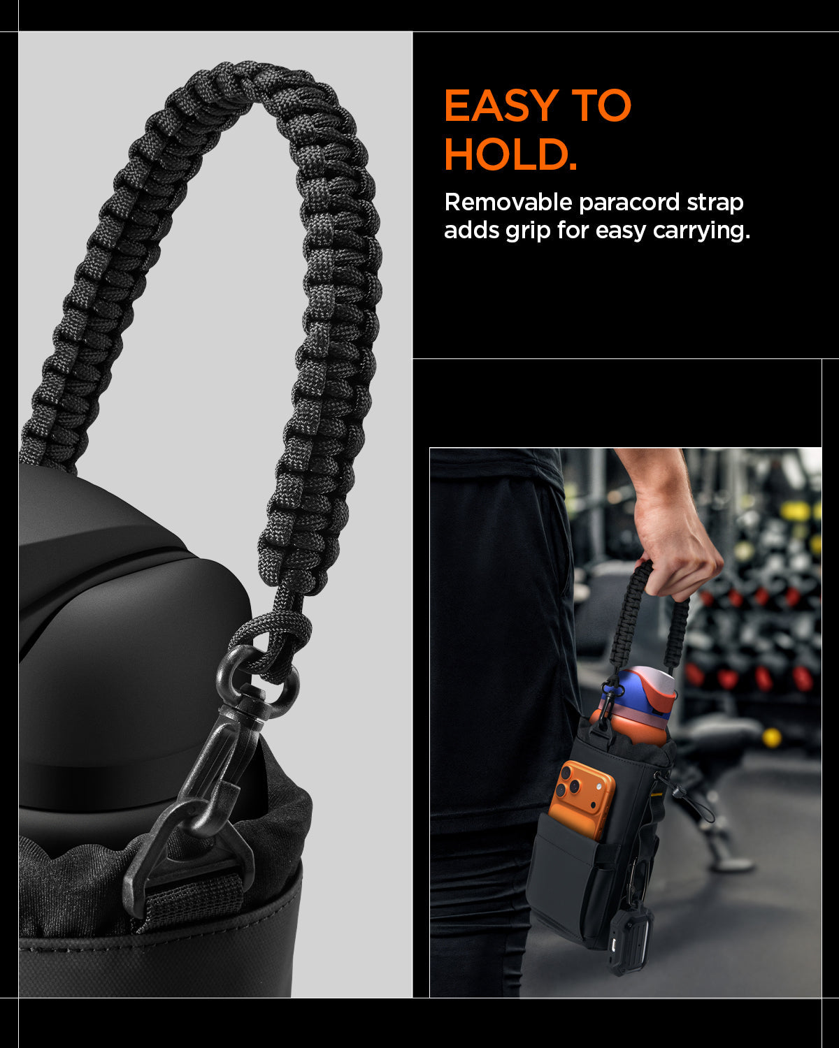 AFA09382 - Tumbler Holder Bag | LF500 showing easy to hold. removable paracord strap adds grip for easy carrying