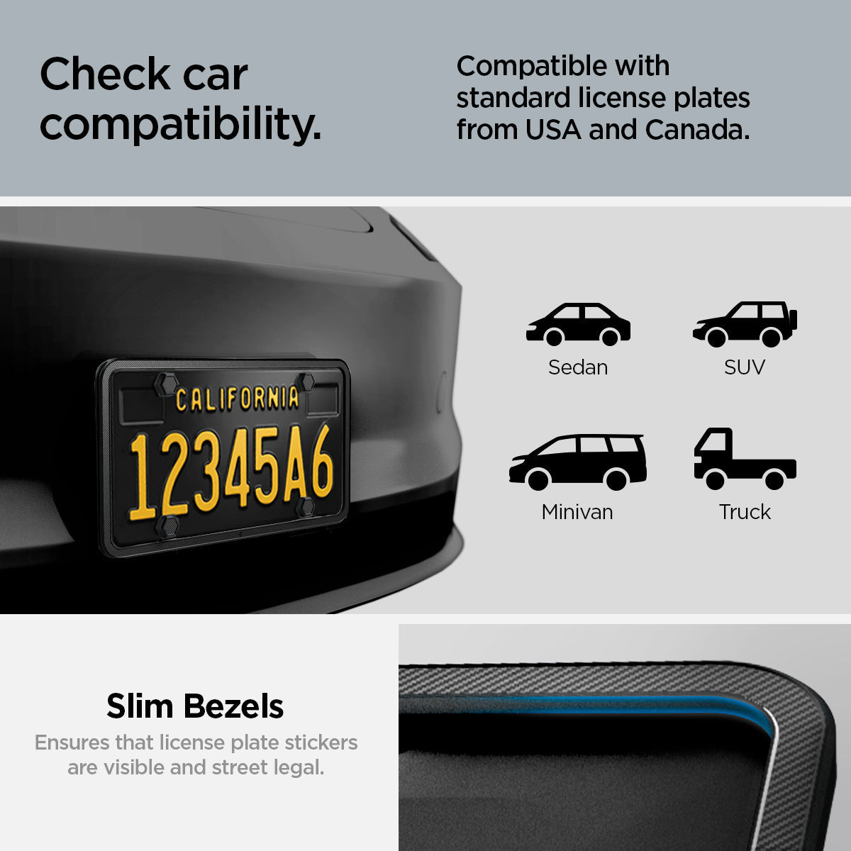 ACP08684 - License Plate Frame | LP100 in Black showing the compatibility, compatible with standard license plates USA and Canada, USA STANDARD, Made for 6 by 12 inch license plate