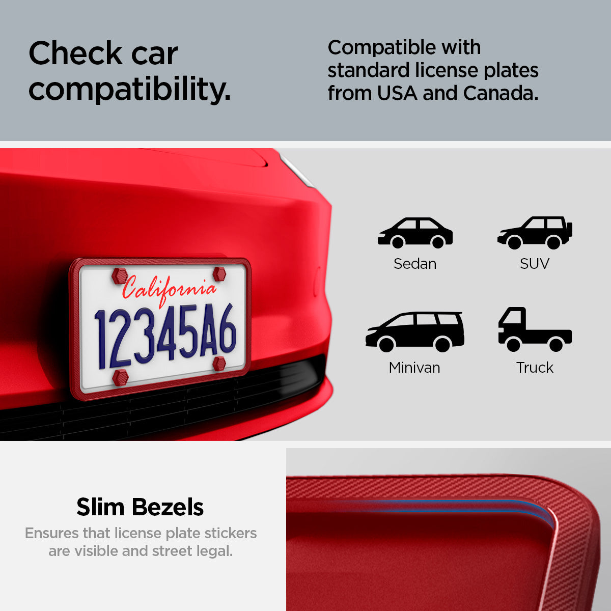 ACP12022 - License Plate Frame | LP100 in Red showing the compatibility, compatible with standard license plates USA and Canada, USA STANDARD, Made for 6 by 12 inch license plate