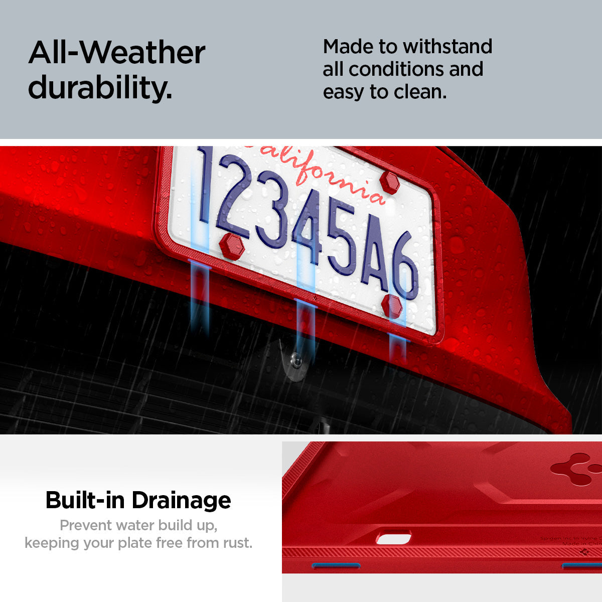 ACP12022 - License Plate Frame | LP100 in Red showing the all-Weather durability, made to withstand the elements in all conditions, built-in drainage, prevent water build up, keeping your plate free from rust