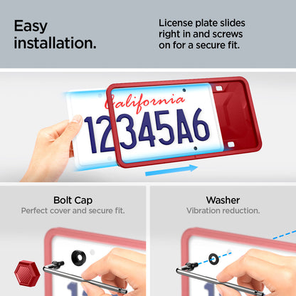 ACP12022 - License Plate Frame | LP100 in Red showing the easy installation, license plate slides right in and screws on for a secure fit