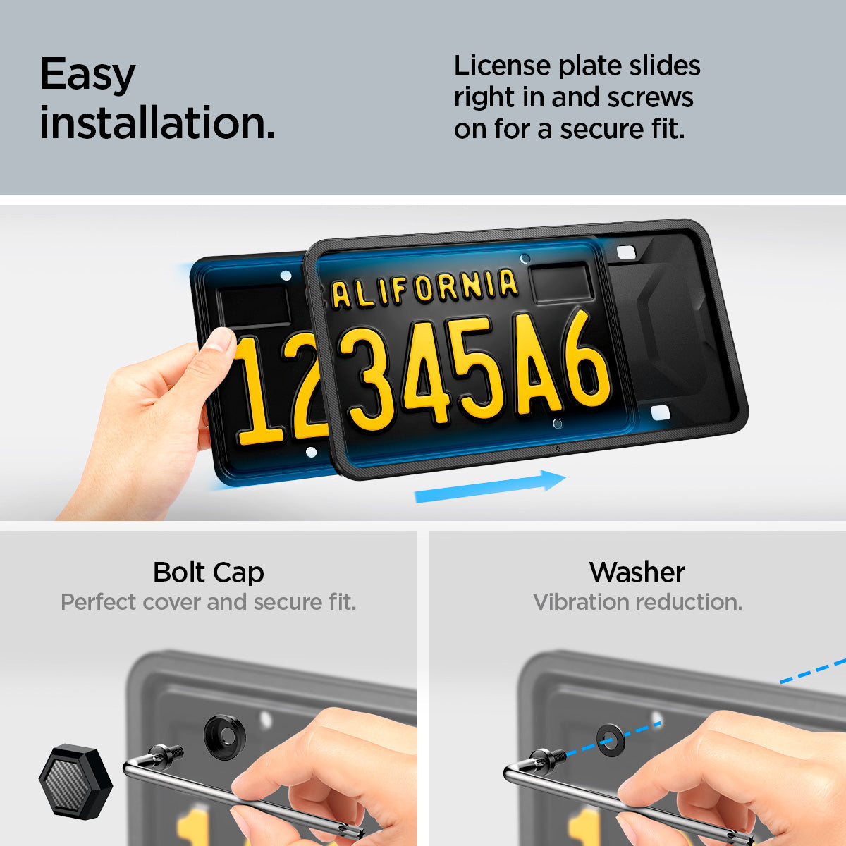 ACP08684 - License Plate Frame | LP100 in Black showing the easy installation, license plate slides right in and screws on for a secure fit