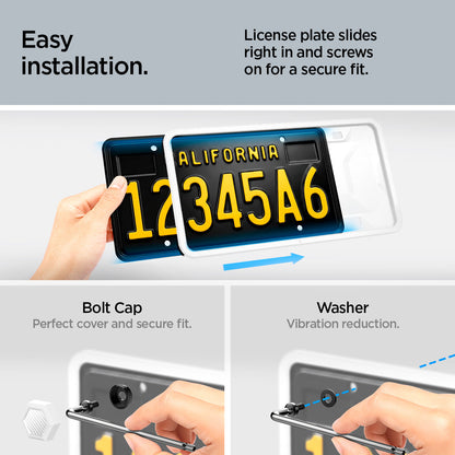 ACP12020 - License Plate Frame | LP100 in White showing the easy installation, license plate slides right in and screws on for a secure fit