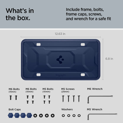 ACP12021 - License Plate Frame | LP100 in Blue showing the what's in the box, includes frame, bolt, caps, screws and wrench for a safe fit, with 6.8inx12.63in