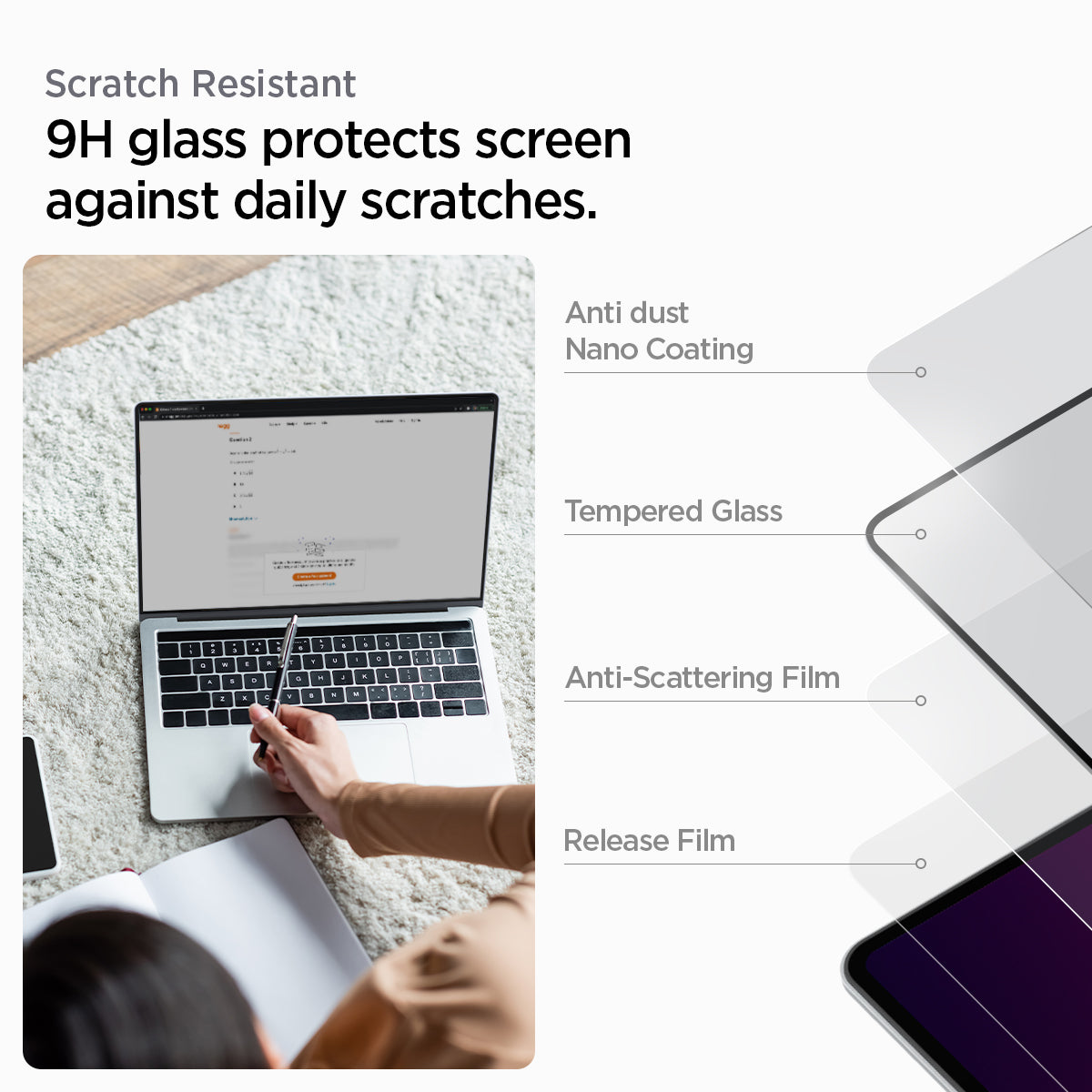 AGL04234 - MacBook Pro 14-inch (2023) GLAS.tR SLIM in Clear showing the scratch resistant. 9H glass protects screen against daily scratches with Anti-dust Nano Coating, Tempered Glass, Anti-Scattering Film and Release Film
