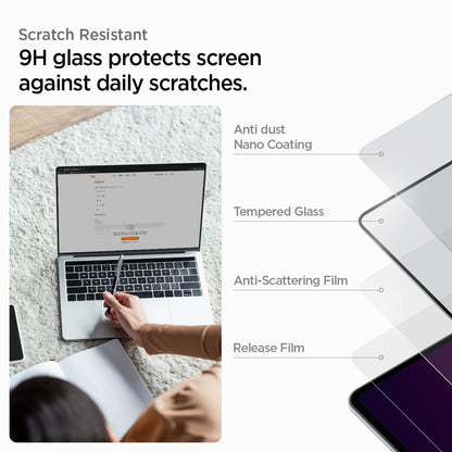 AGL04234 - MacBook Pro 14-inch (2023) GLAS.tR SLIM in Clear showing the scratch resistant. 9H glass protects screen against daily scratches with Anti-dust Nano Coating, Tempered Glass, Anti-Scattering Film and Release Film