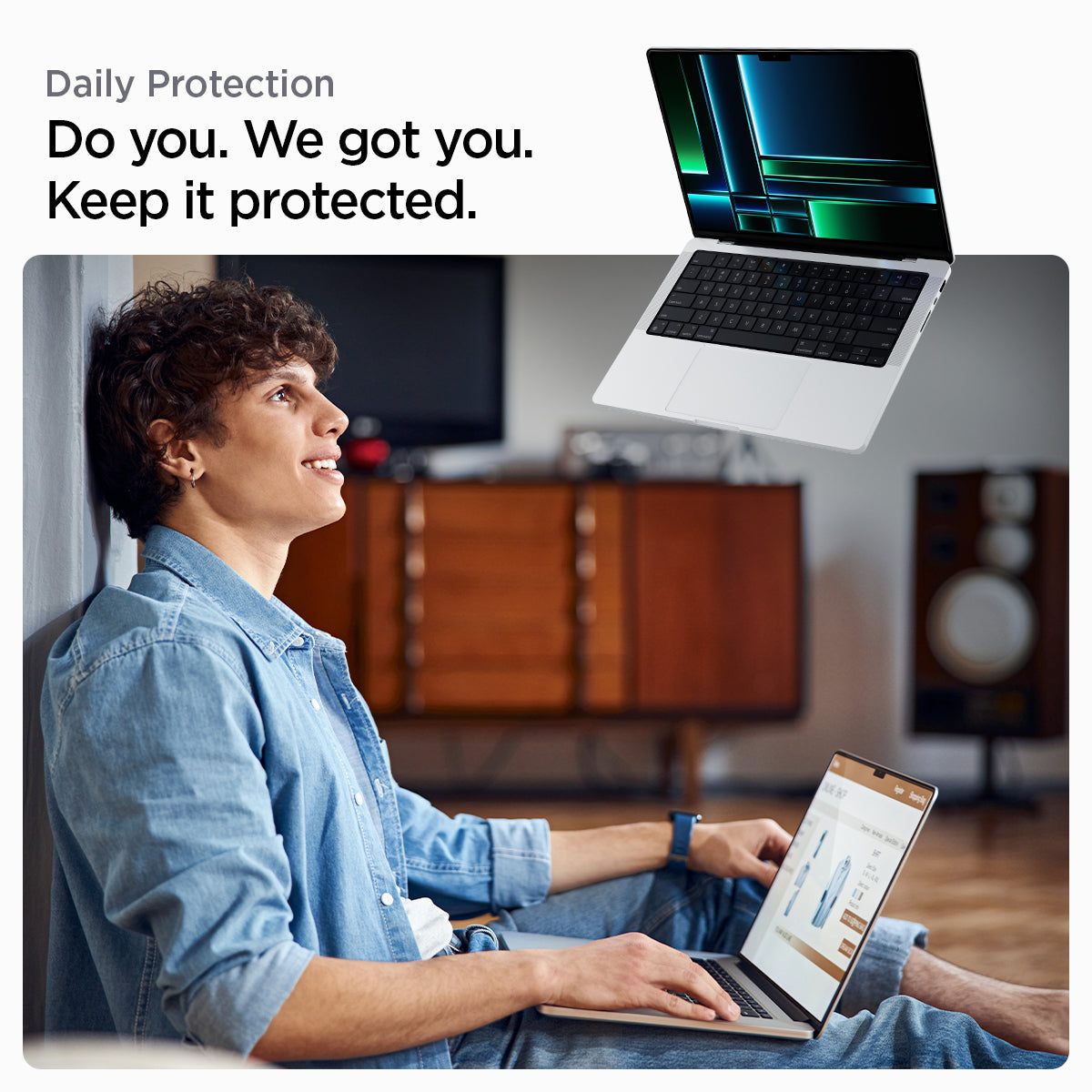 AGL04234 - MacBook Pro 14-inch (2023) GLAS.tR SLIM in Clear showing the daily protection. Keeping your device protected
