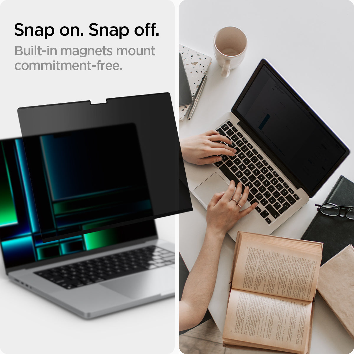 AFL06158 - Macbook Pro 14" Screen Protector Safe View showing the snap on, snap off. Built-in magnets mount commitment-free