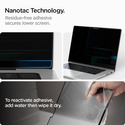 AFL06158 - Macbook Pro 14" Screen Protector Safe View showing the Nanotac Technology. Residue-free adhesive secures lower screen. To reactive adhesive, add water then wipe it dry