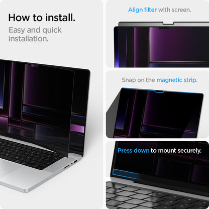 AFL06157 - Macbook Pro 16" Screen Protector Safe View showing how to install. Easy and quick installation. 1. Align filter with screen 2. Snap on the magnetic strip 3. Press down to mount securely
