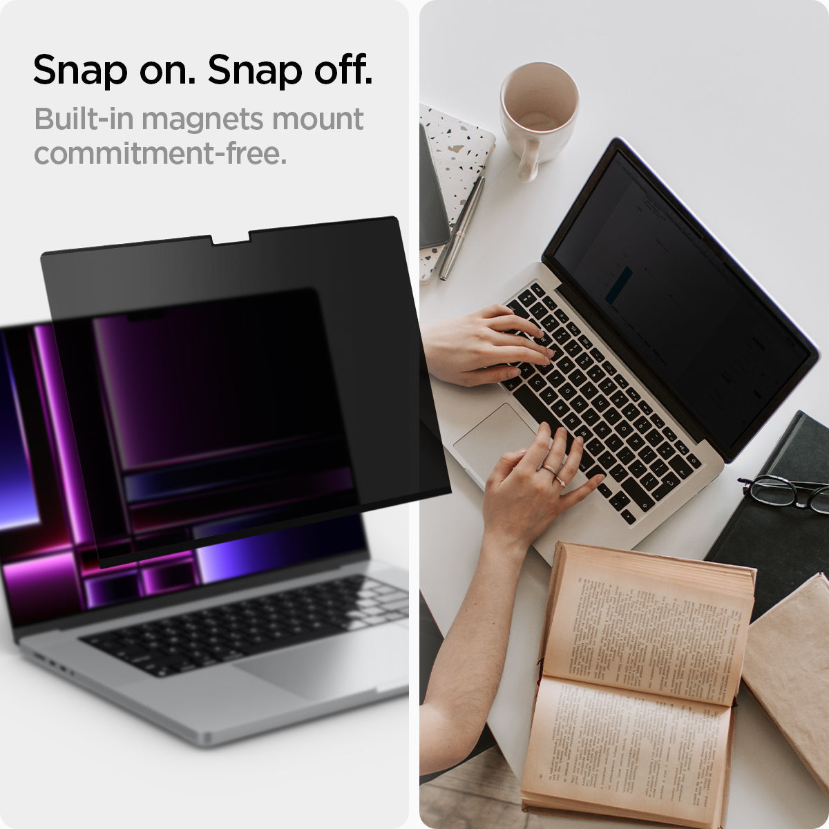 AFL06157 - Macbook Pro 16" Screen Protector Safe View showing the snap on, snap off. Built-in magnets mount commitment-free
