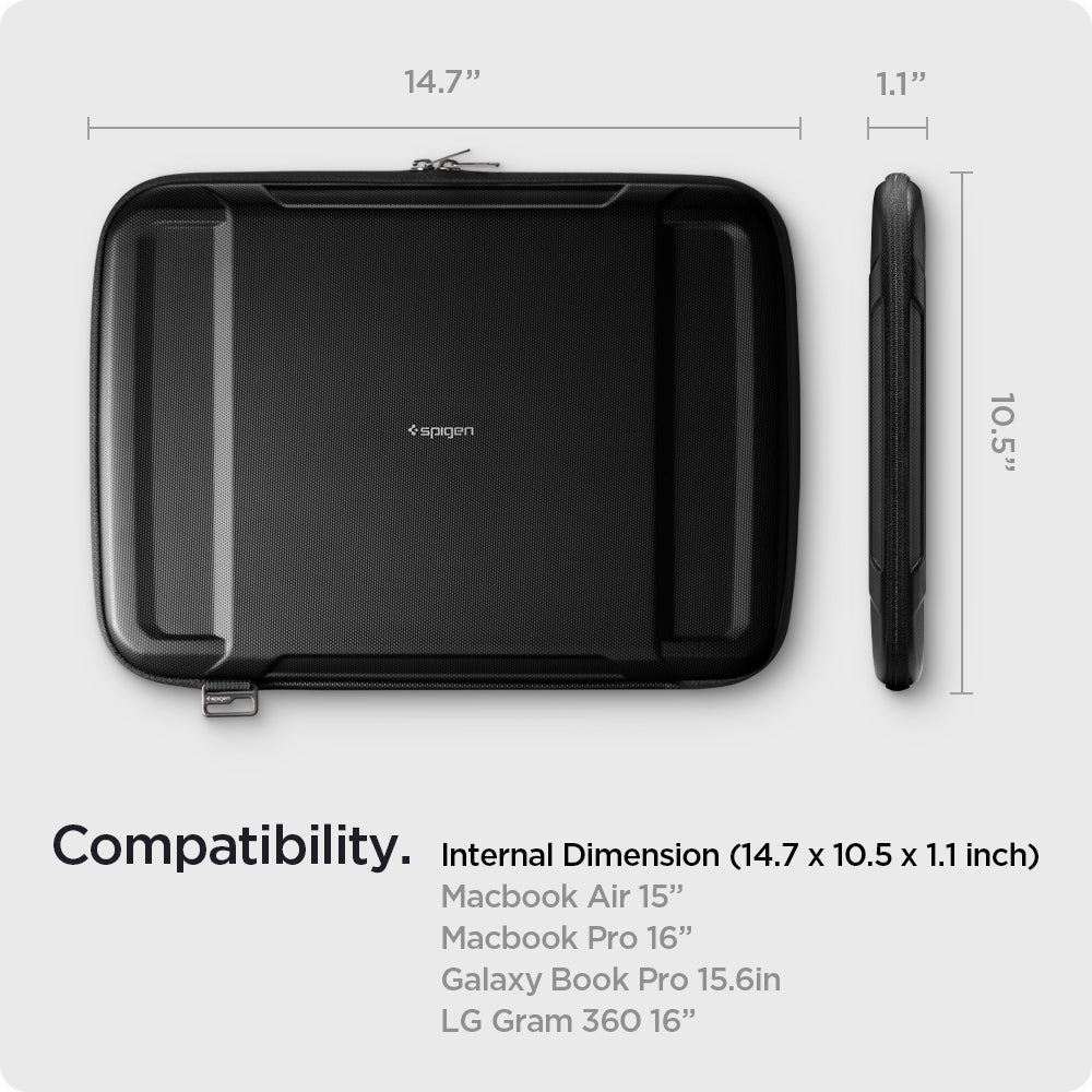 AFA04271 - MacBook Pro Series Rugged Armor Pro Pouch in black showing the compatibility. Internal dimension (14.7 x 10.5 x 1.1 inch) Macbook Air 15" | Pro 16" | Galaxy Book Pro 15.6in | LG Gram 360 16"