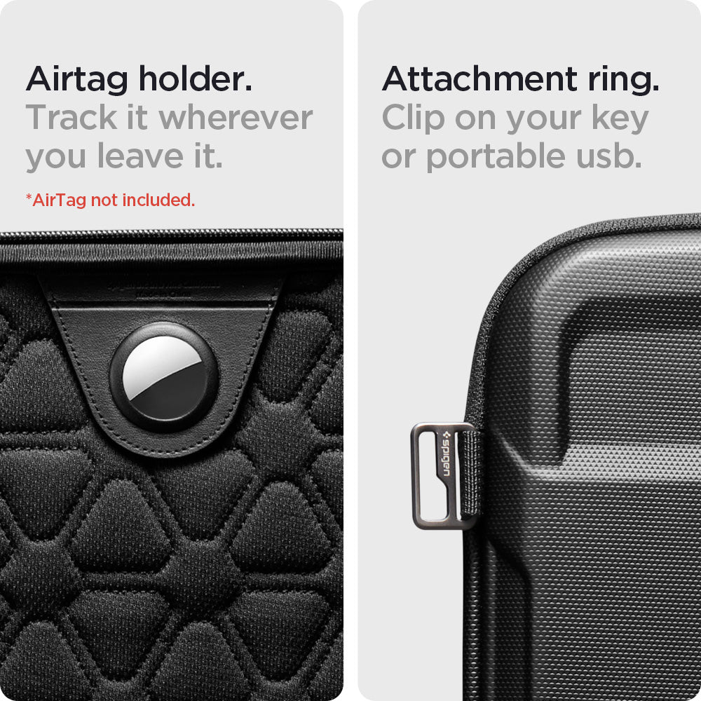 AFA04271 - MacBook Pro Series Rugged Armor Pro Pouch in black showing the airtag holder. Track it wherever you leave with attachment ring. Clip on your key or portable usb