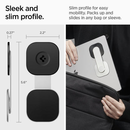 AMP06049 - S312 OneTap Monitor / Laptop Mount (MagFit) in black showing the sleek and slim profile. Slim profile for easy mobility. Packs up and slides in any bag or sleeve. sizes: 2.2"x5.6"x0.27"