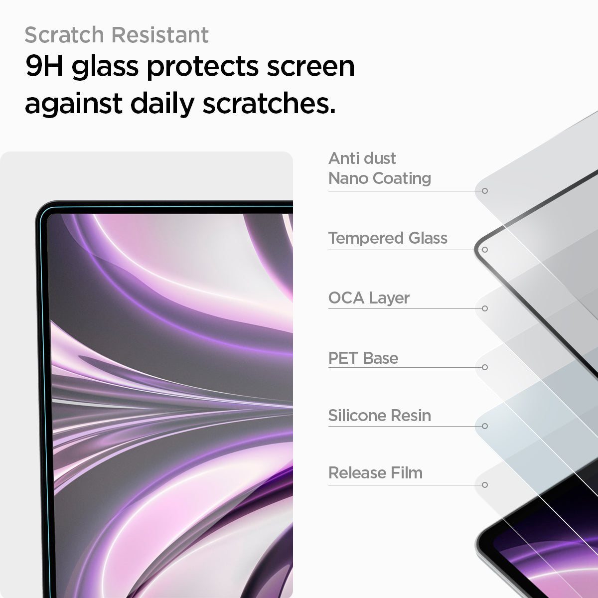 AGL05504 - MacBook Air 13-inch (2022) GLAS.tR SLIM in Clear showing how it's scratch resistant. 9H glass protects screen against daily scratches. Layers: Anti dust Nano Coating, Tempered Glass, OCA Layer, PET Base, Silicone Resin and Release Film