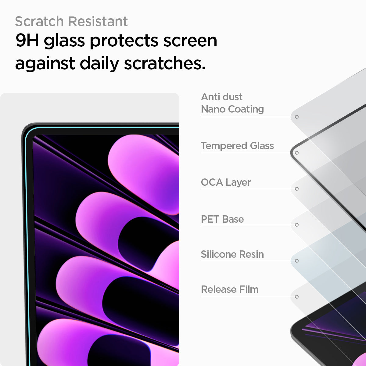 AGL06950 - MacBook Air 15" (2023) Screen Protector GLAS.tR SLIM showing how it's scratch resistant. 9H glass protects screen against daily scratches. Layers: Anti dust Nano Coating, Tempered Glass, OCA Layer, PET Base, Silicone Resin and Release Film