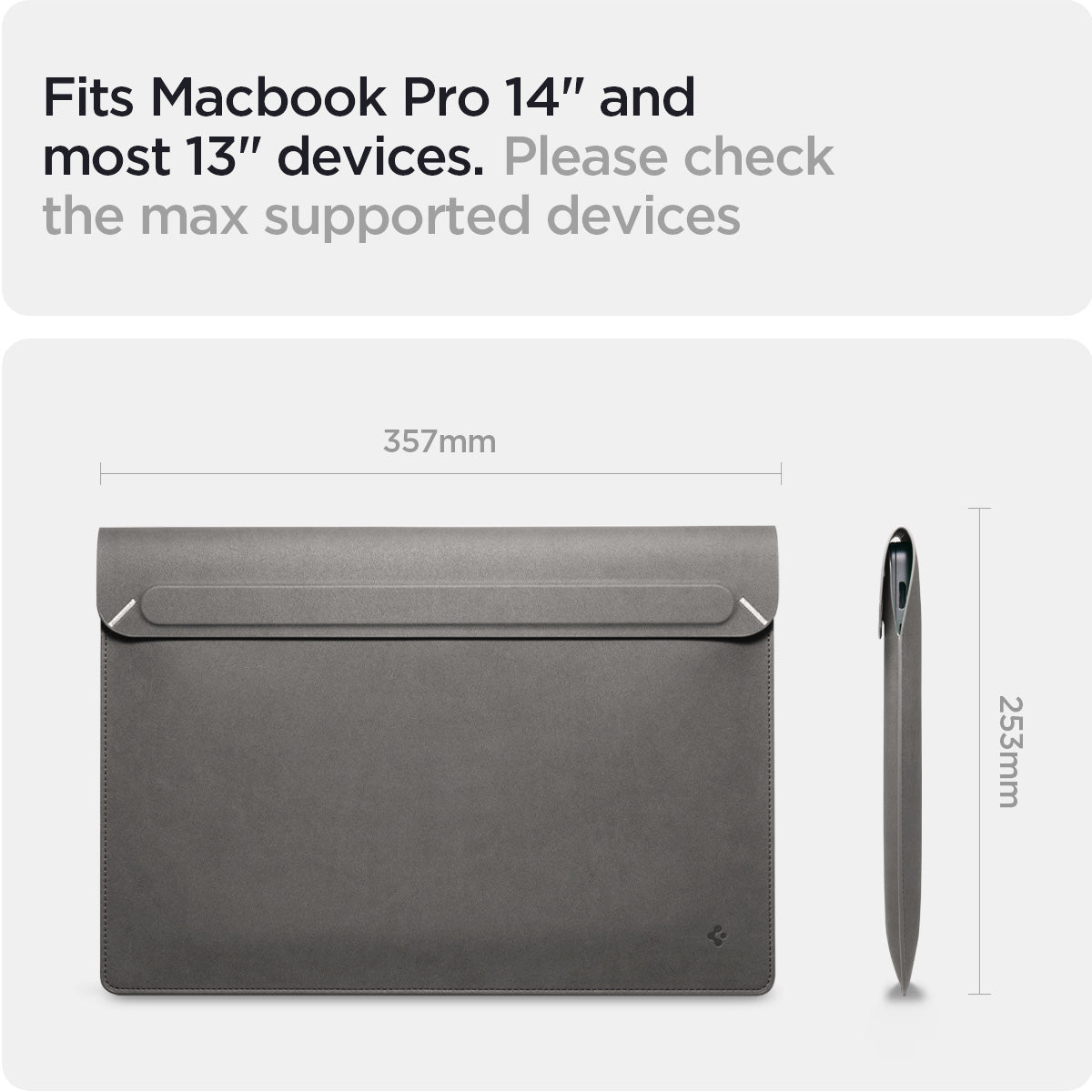AFA06415 - MacBook Pro 14-inch Valentinus Laptop Pouch in City Gray displaying dimensions and compatibility with MacBook Pro 14 inch and most 13 inch laptops