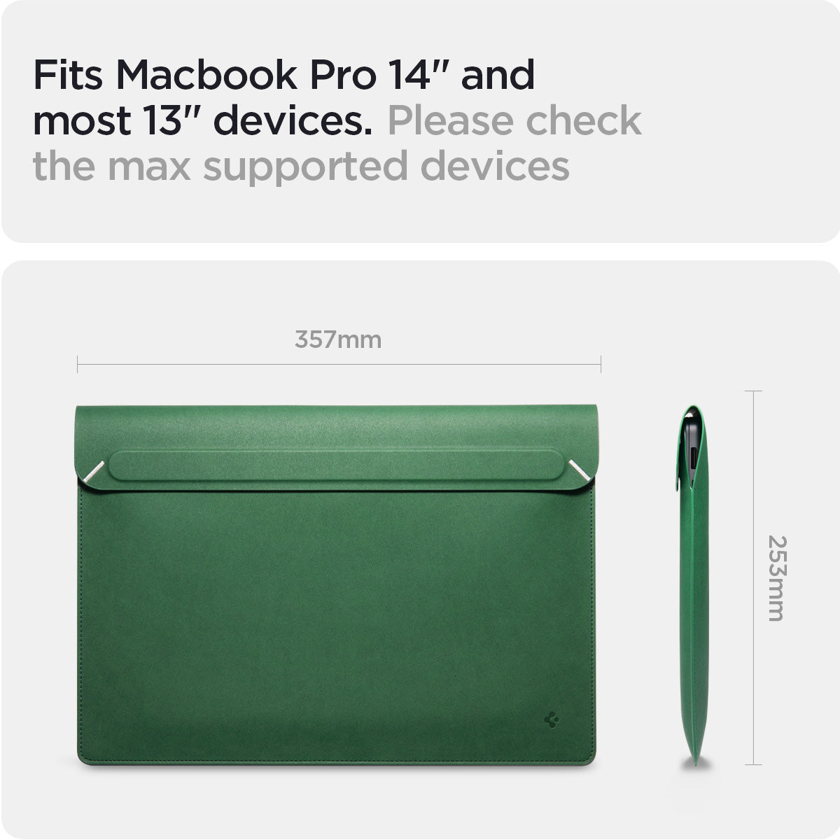 AFA06423 - MacBook Pro 14-inch Valentinus S Laptop Pouch in Jeju Green compatible with MacBook Pro 14 inch and most 13 inch laptops with dimension guide