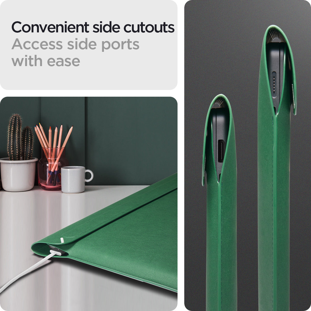 AFA06420 - MacBook Pro 16-inch Valentinus Laptop Pouch in JeJu Green showing convenient side cutouts for easy access to charging and side ports