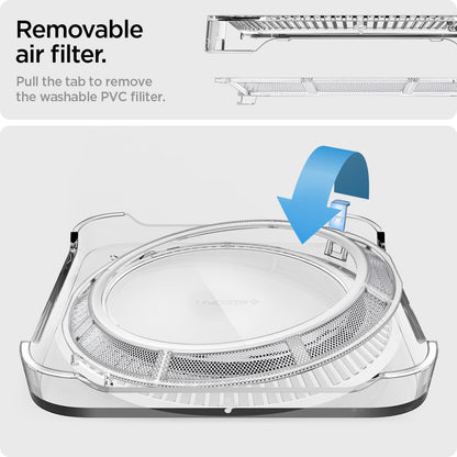 AMP04796 - Apple Mac Studio Stand in crystal clear showing the removable air filter. Pull the tab to remove the washable PVC filter