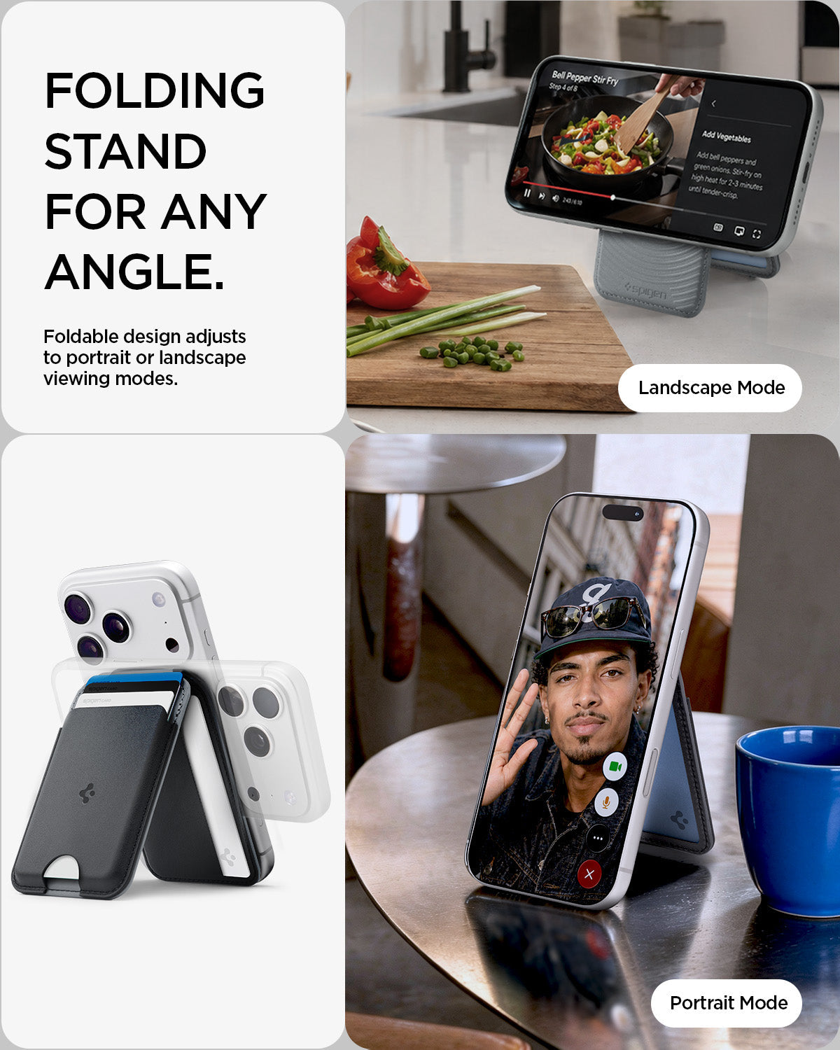 AFA11334 - MagSafe Card Holder Nano Pop S (Mag Fit) in Black Sesame showing folding stand for any angle