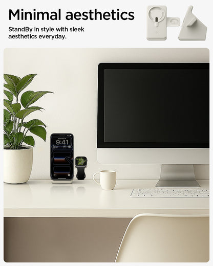 AMP09173 - Magsafe Duo Charger Stand (Mag Fit) in Dune Beige showing the minimal aesthetics. StandBy in style with sleek aesthetics every day.