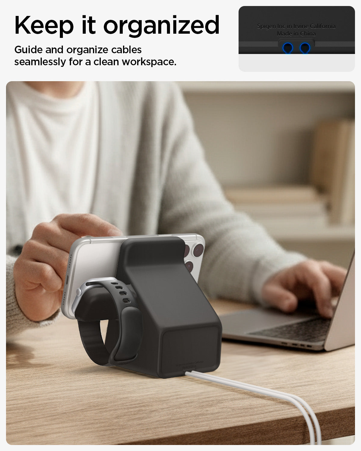 AMP09172 - Magsafe Duo Charger Stand (Mag Fit) in Black showing the guide and organized cables seamlessly for a clean workspace.