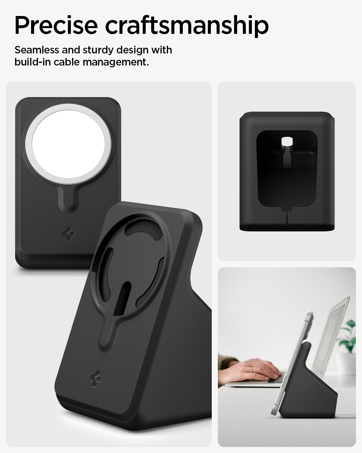 AMP09170 - Magsafe Charger Stand (Mag Fit) in Black showing the precise craftsmanship. Seamless and sturdy design with build-in cable management