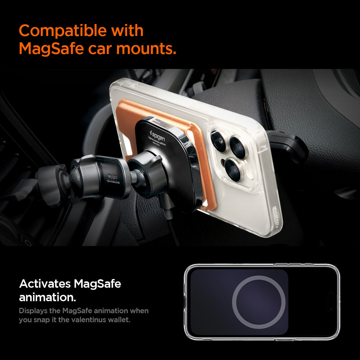 AFA11340 - MagSafe Card Holder Valentinus | 3 Cards (Mag Fit+) in Metallic Orange showing the compatible with magsafe car mounts, activates magsafe animation, displays the magsafe animation when you snap it the valentinus wallet