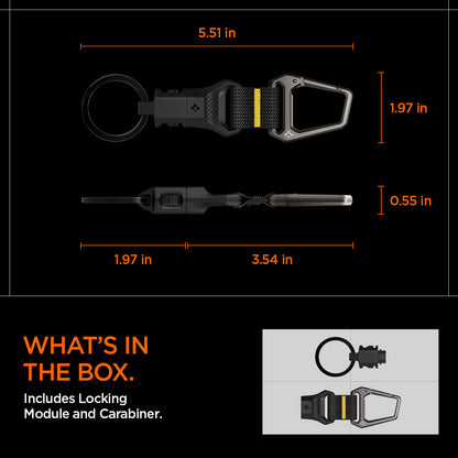 AHP06846 - Carabiner (Magnetic Keychain) in Black showing the what's in the box, includes locking module and carabiner, over all size 5.51 in x 1.97 in while the quick-release bottom mechanism size is 1.97 in, other part of the keychain is 3.5 in and with 0.55 in depth