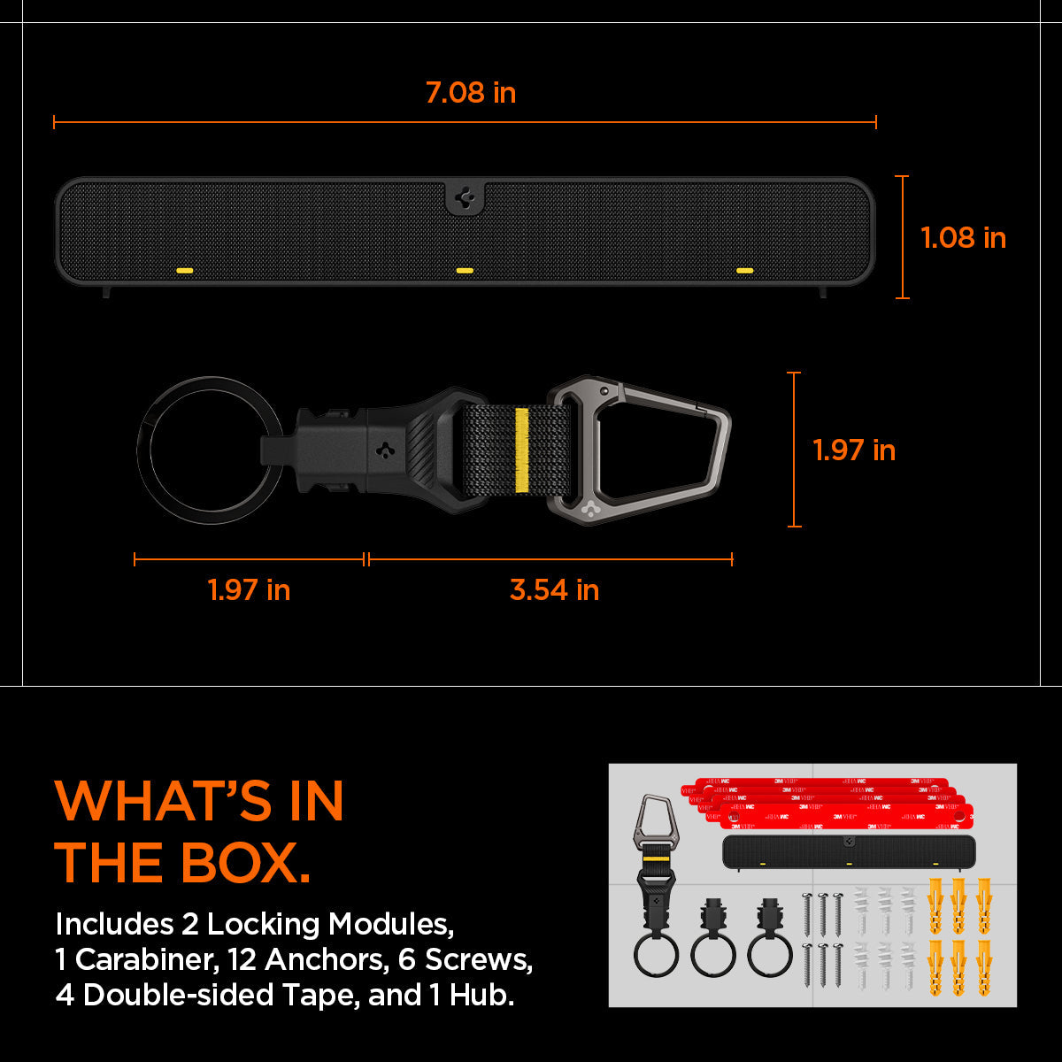 AHP06847 - Carabiner (Magnetic Keychain) Holder Hub in Black showing the what's in the box, includes 2 locking modules, 1 carabiner, 12 anchors, 6 screws, 4 double-sided tape, and 1 hub keyholder hub size, 7.08in x 1.08in keychain holder size 1.97in x 3.54in x 1.97in