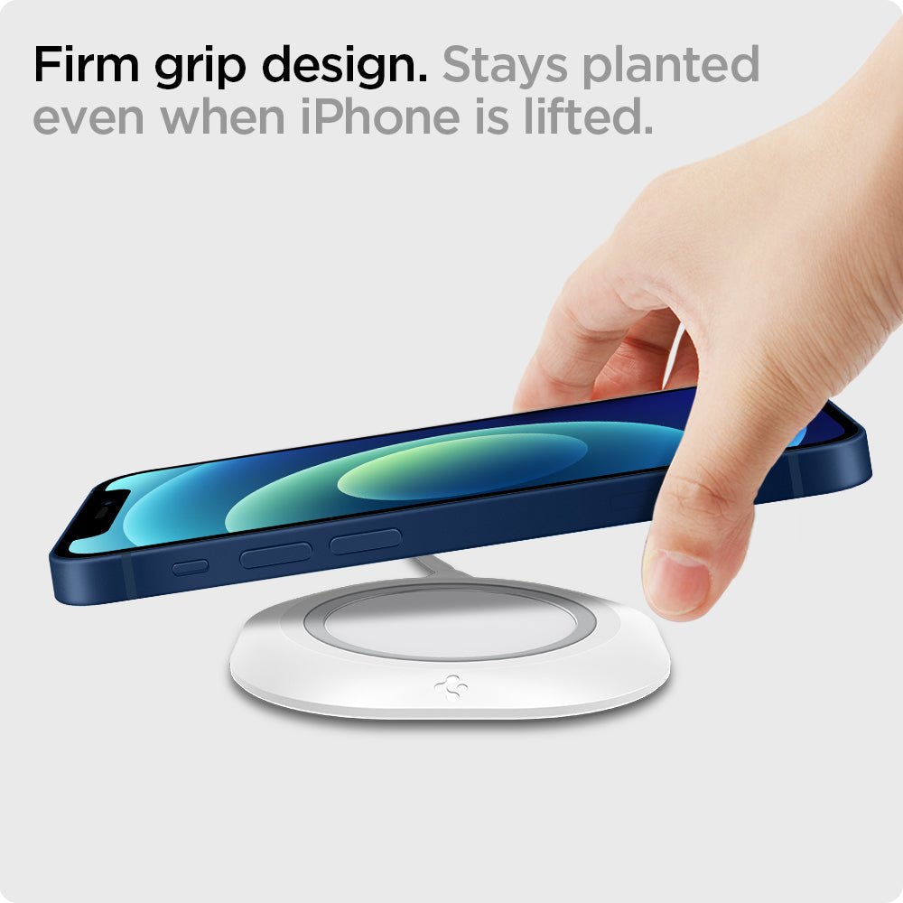 AMP03709 - MagFit in white showing the firm grip design, stays planted even when iPhone is lifted