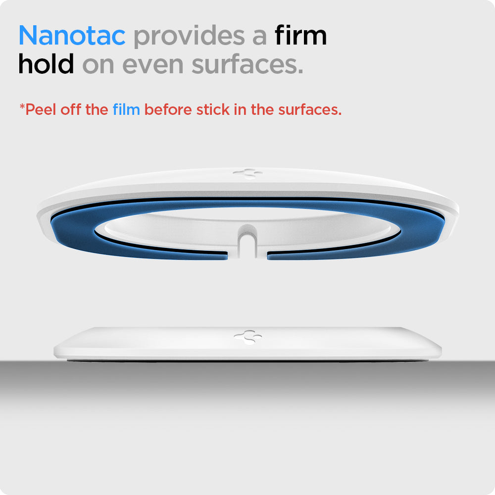 AMP03709 - MagFit in white showing the nanotac provides a firm hold on even surfaces, peel off the film before stick in the surface