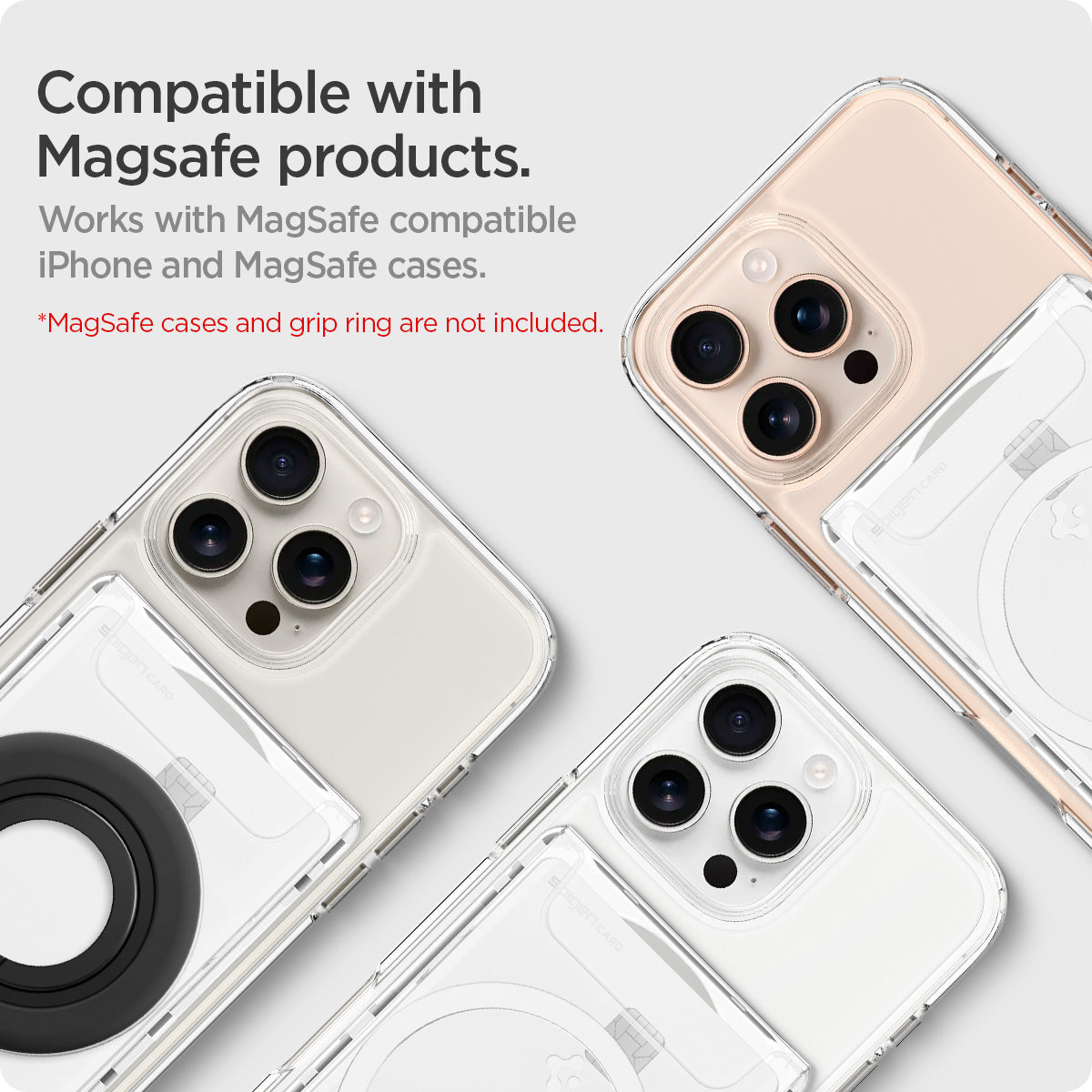 AFA08888 - Ultra Hybrid MagFit+ Wallet (MagFit) in Crystal Clear showing its compatibility with Magsafe products. Works with MagSafe compatible iPhone and MagSafe cases