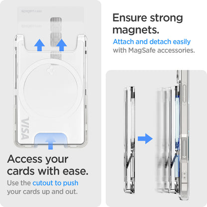 AFA08888 - Ultra Hybrid MagFit+ Wallet (MagFit) in Crystal Clear showing the ensuring strong magnets. Attach and detach easily with MagSafe accessories. Access your cards with ease. Use the cutouts to push your cards up and out