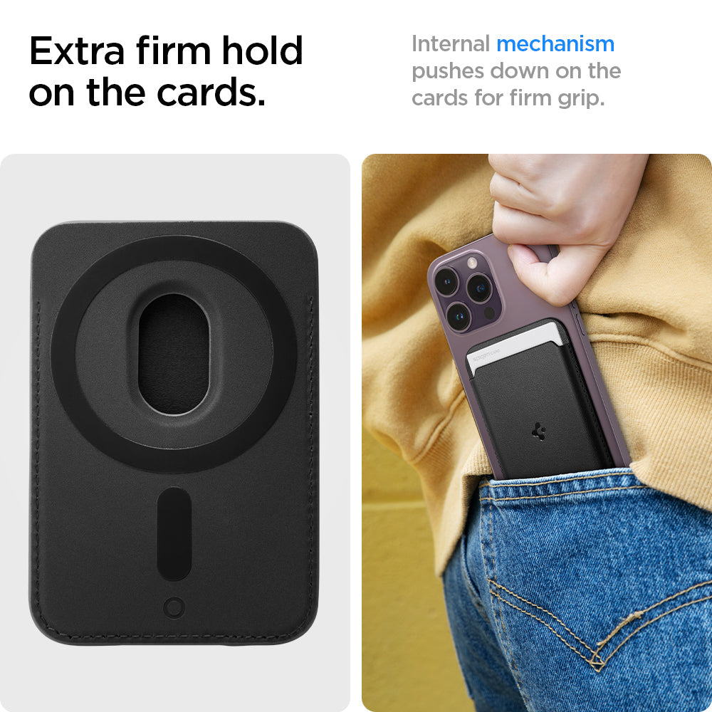 AFA05760 - MagSafe 3 Cards Holder Valentinus (MagFit) in black showing the extra firm hold on the cards, internal mechanism pushes down on the cards for firm grip