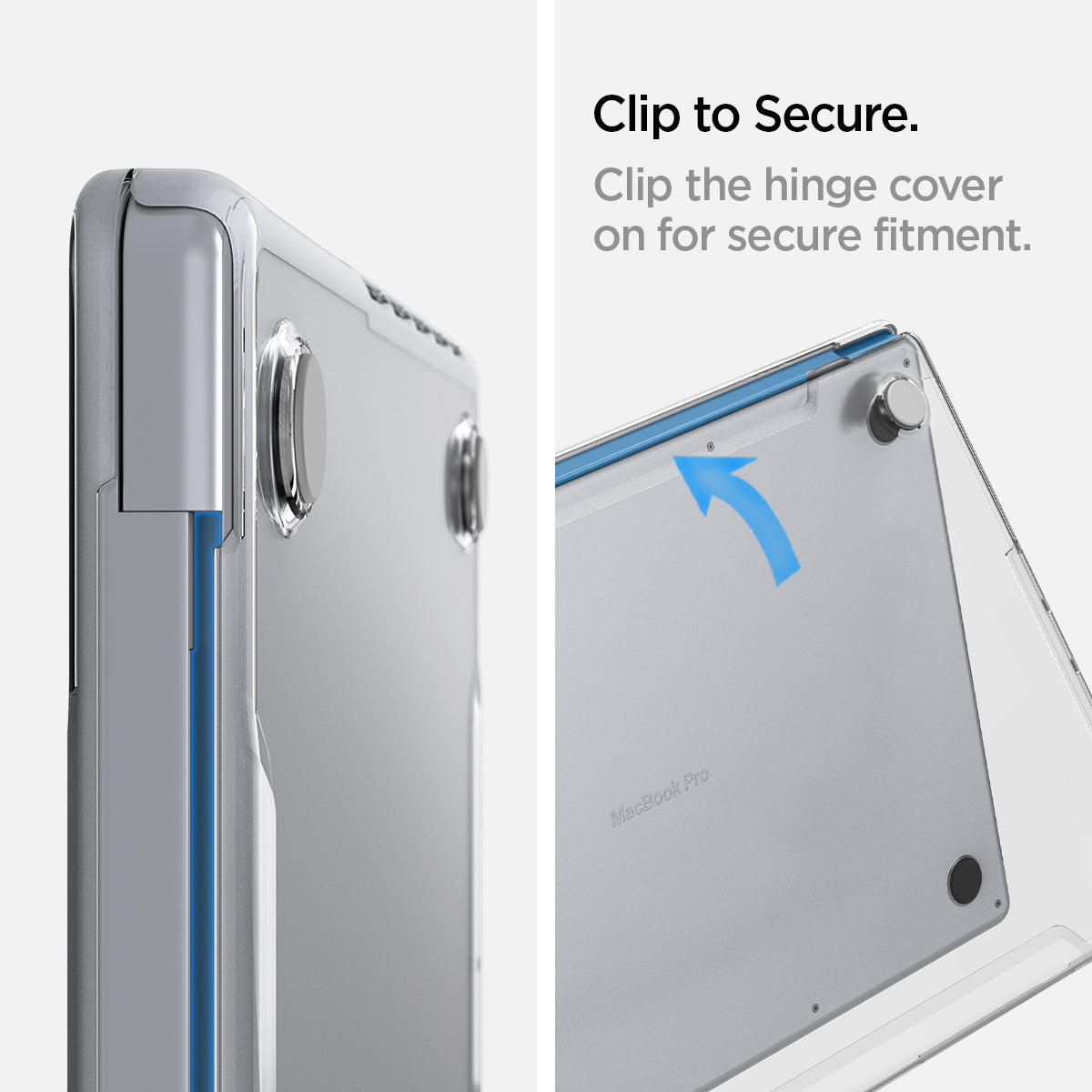 ACS04212 - MacBook Pro 14" Case Thin Fit in crystal clear showing the secure clip. Clip the hinge cover on for secure fitment