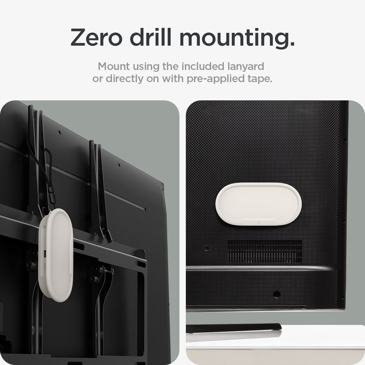 ACS07974 - Google TV Streamer Mount (4K) Silicone Fit in Porcelain showing the zero drill mounting. Mount using the included lanyard or directly on with pre-applied tape