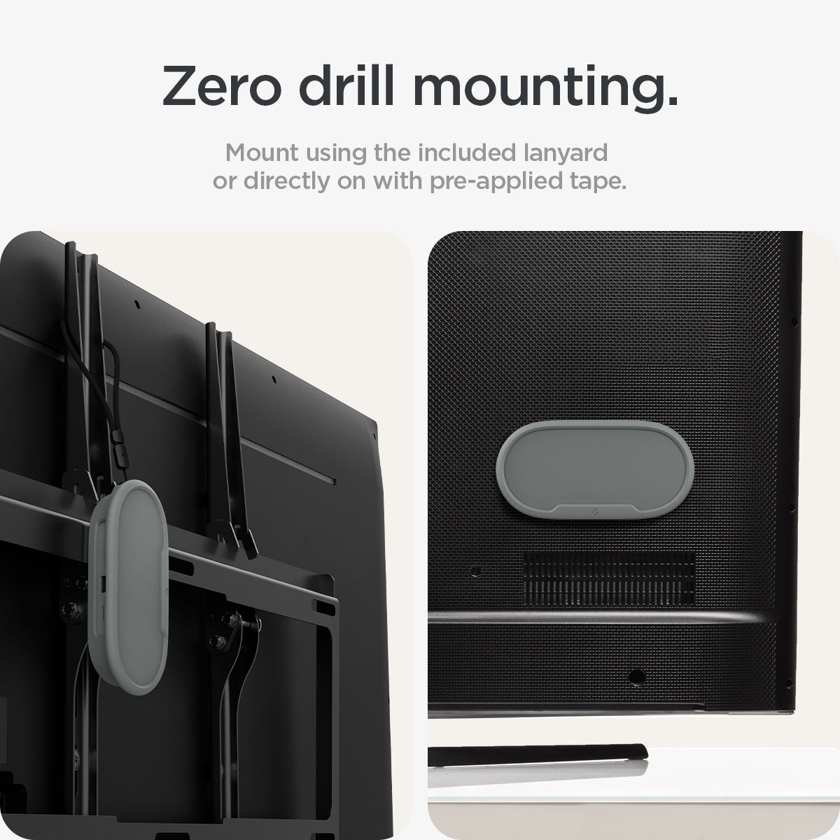 ACS08450 - Google TV Streamer Mount (4K) Silicone Fit in Hazel showing the zero drill mounting. Mount using the included lanyard or directly on with pre-applied tape