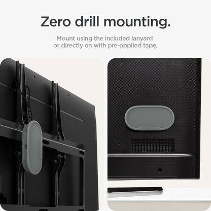 ACS08450 - Google TV Streamer Mount (4K) Silicone Fit in Hazel showing the zero drill mounting. Mount using the included lanyard or directly on with pre-applied tape