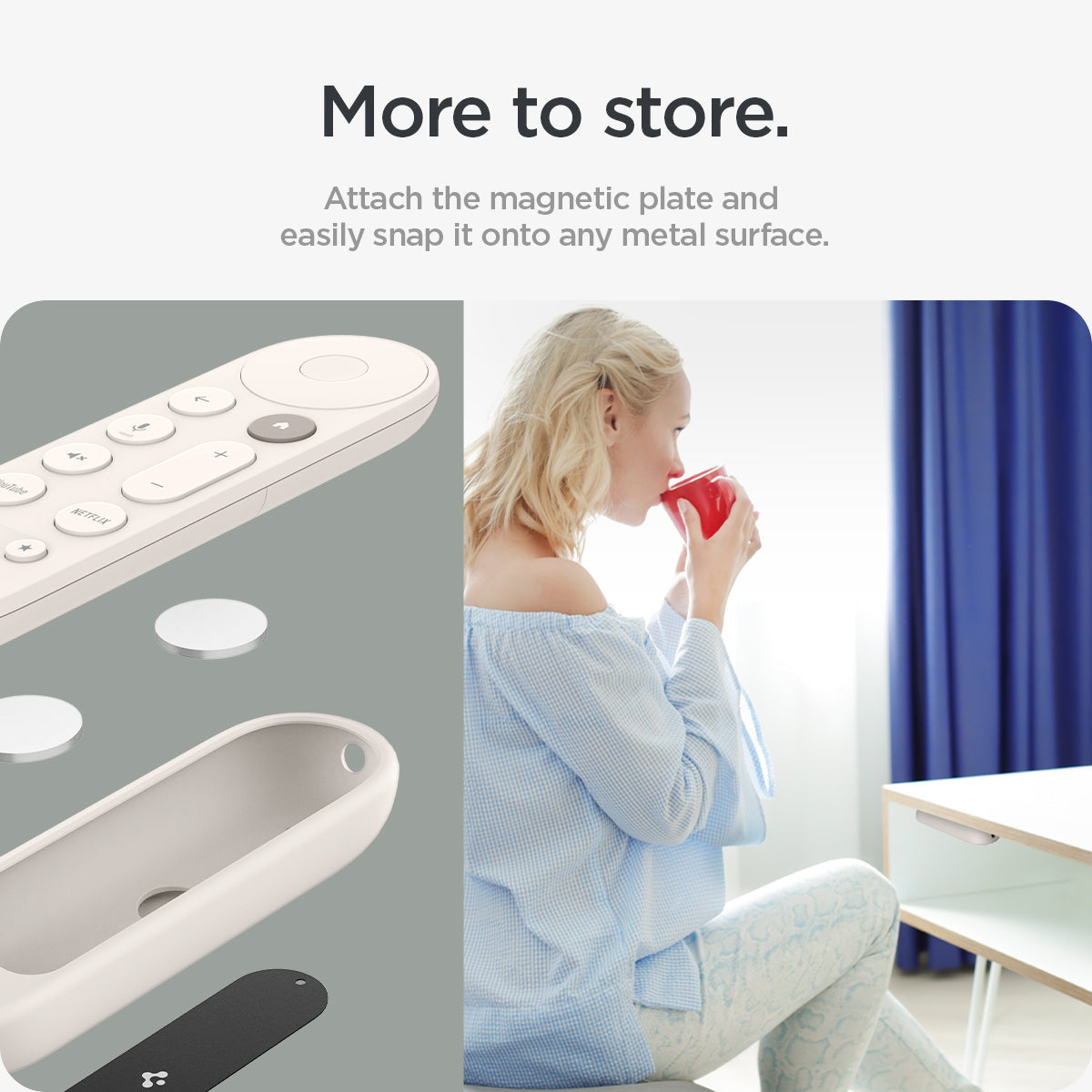 ACS07975 - Google TV Streamer Silicone Fit Voice Remote in Porcelain showing the easy attachment. Attach the magnetic plate and easily snap it onto any metal surface