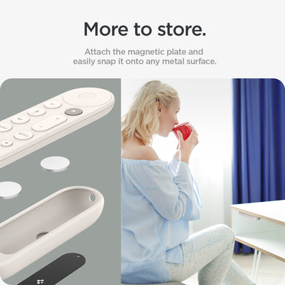 ACS07975 - Google TV Streamer Silicone Fit Voice Remote in Porcelain showing the easy attachment. Attach the magnetic plate and easily snap it onto any metal surface